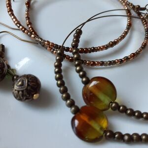 Handmade beaded earrings large hoop & dangle earrings copper bronze 3 pair lot